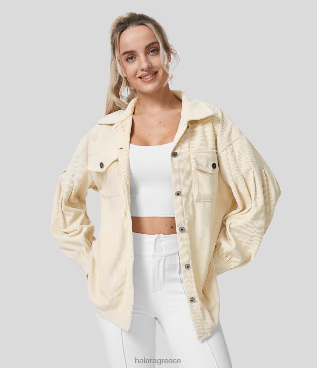 τσέπη με γιακά με κουμπιά μακρυμάνικο κοτλέ σακάκι με καμπύλο στρίφωμα γυναίκες Halara 4TH822029 είδη ένδυσης παγωτό βανίλια