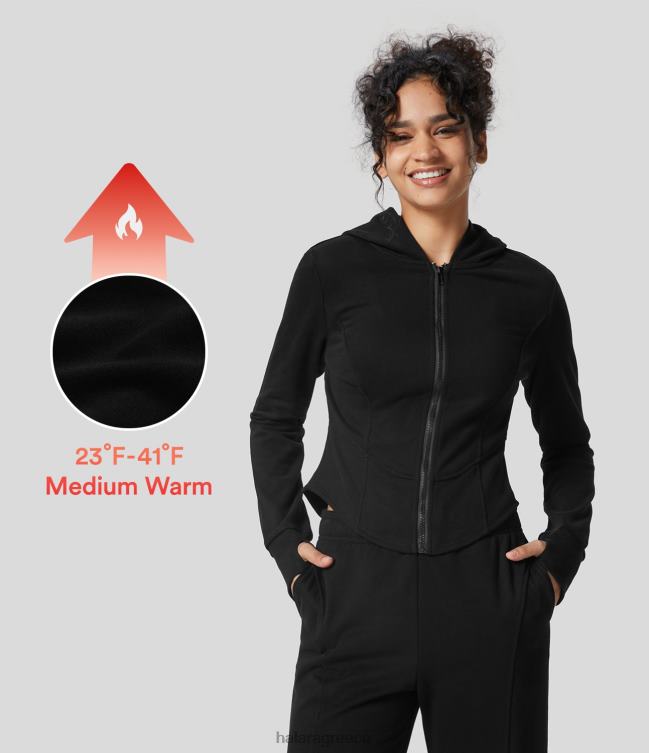 Βαμβακερό μπουφάν με φερμουάρ με κουκούλα με κυρτό φλις στρίφωμα γυναίκες Halara 4TH822049 είδη ένδυσης μαύρος