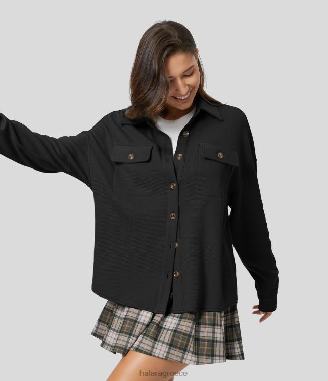 γιακά με πεσμένο πτερύγιο ώμου κουμπί τσέπη μπροστινό κυρτό στρίφωμα μασίφ oversize casual μπουφάν γυναίκες Halara 4TH822054 είδη ένδυσης μαύρος