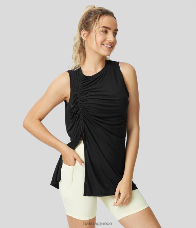 στρογγυλή λαιμόκοψη κορδόνι περίσφιξης με σχιστό στρίφωμα απλό ζακάρ casual φανελάκι γυναίκες Halara 4TH821668 είδη ένδυσης μαύρος