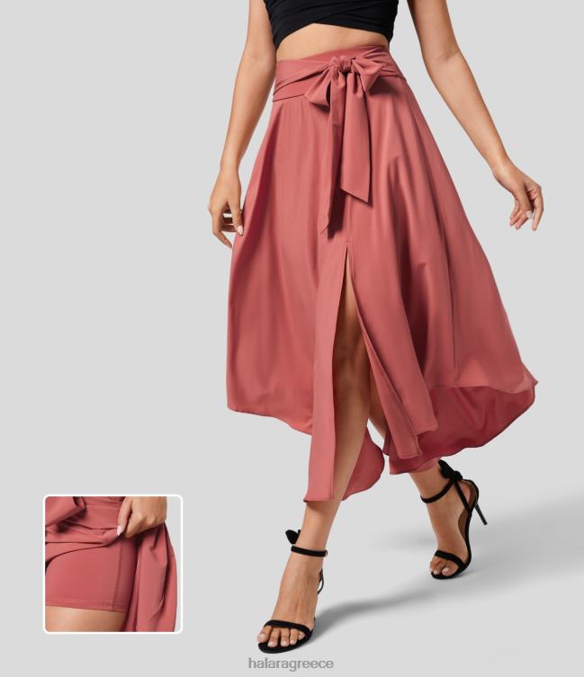 άνετη ψηλόμεση γραβάτα με σπαστό 2 σε 1 κυρτό στρίφωμα flowy flare γρήγορο στέγνωμα midi casual φούστα γυναίκες Halara 4TH82697 είδη ένδυσης φλόγα κόκκινο