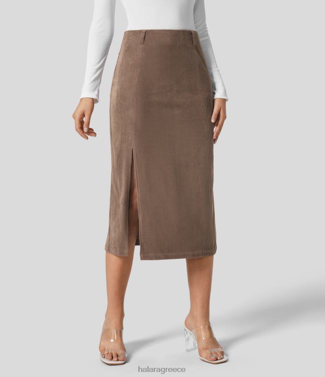 μίντι κοτλέ casual ψηλόμεση αόρατη φούστα με σπαστό στρίφωμα γυναίκες Halara 4TH82705 είδη ένδυσης καφέ κακάο