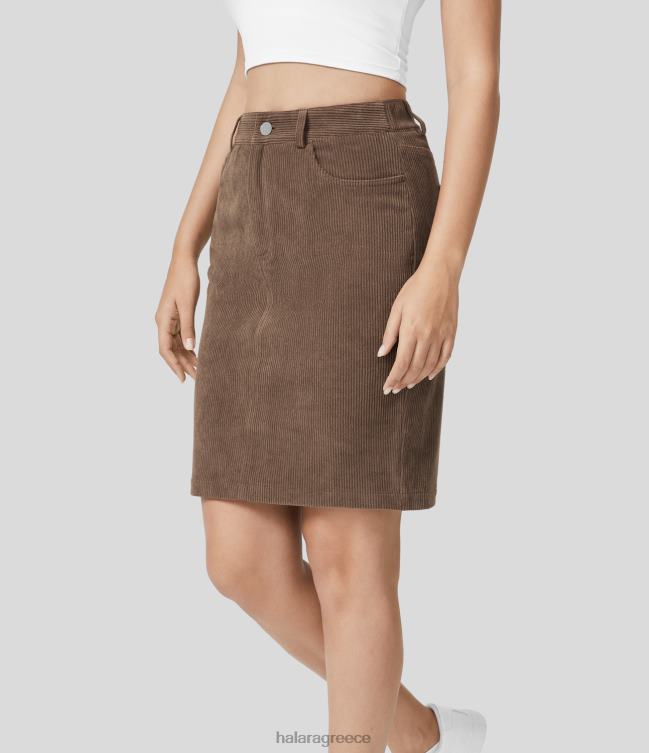 Ψηλόμεση πολλαπλές τσέπες με σχιστό στρίφωμα κοτλέ casual bodycon φούστα γυναίκες Halara 4TH82660 είδη ένδυσης καφέ κακάο