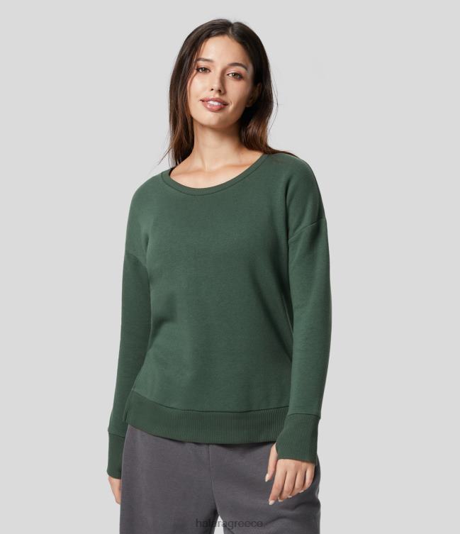 στρογγυλή λαιμόκοψη με τρύπα για τον αντίχειρα ψηλό, με χαμηλό σπαστό στρίφωμα casual βαμβακερό φούτερ γυναίκες Halara 4TH821988 είδη ένδυσης σκούρο πράσινο της γαλήνης