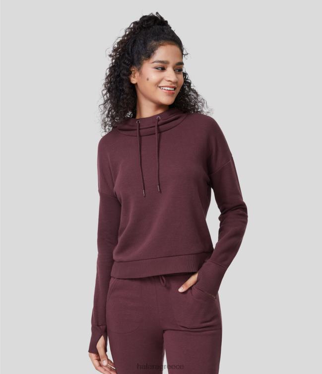 casual βαμβακερό φούτερ με κορδόνι περίσφιξης με κουκούλα με τρύπα αντίχειρα γυναίκες Halara 4TH821997 είδη ένδυσης κόκκινο μαόνι