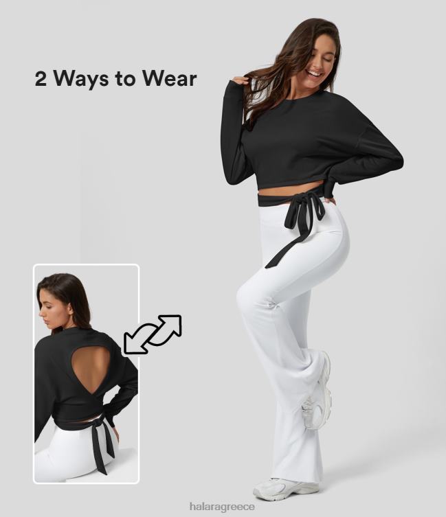 στρογγυλή λαιμόκοψη, μακρυμάνικη, εξώπλατη χιαστή γραβάτα στο πλάι casual βαμβακερό φούτερ γυναίκες Halara 4TH822000 είδη ένδυσης αστέρι που βυθίζεται μαύρο