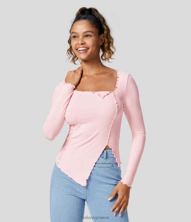 με ραβδώσεις πλεκτό τετράγωνο λαιμό μαρούλι τελειώματα ασύμμετρο στρίφωμα λεπτό casual τοπ γυναίκες Halara 4TH822003 είδη ένδυσης τριαντάφυλλο ροζ ομίχλη