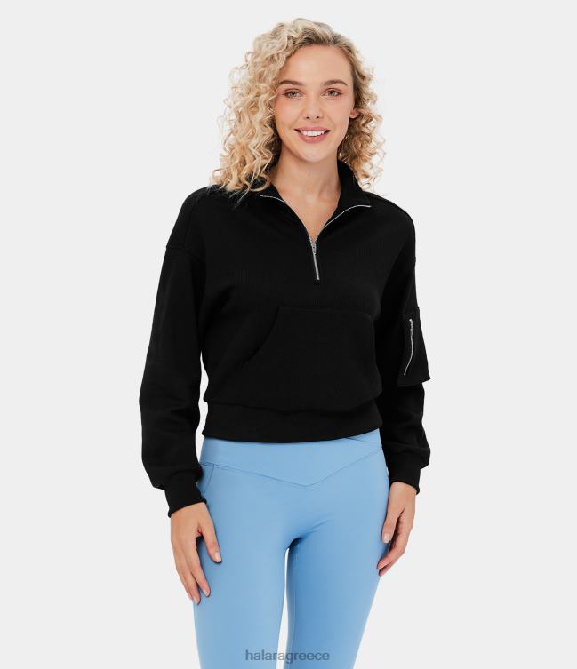 γιακάς με μισό φερμουάρ με πεσμένο ώμο καγκουρό με τσέπη βάφλα casual βαμβακερή φούτερ γυναίκες Halara 4TH822009 είδη ένδυσης μαύρος