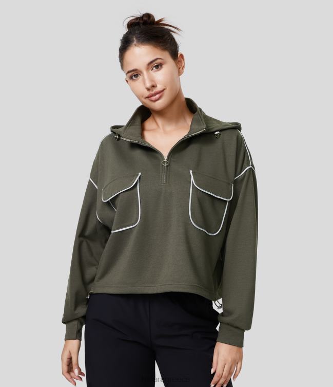 αφαιρούμενη κουκούλα με ψηλό γιακά με μισή τσέπη με φερμουάρ ρυθμιζόμενο κορδόνι casual βαμβακερό φούτερ γυναίκες Halara 4TH822013 είδη ένδυσης φύλλο σταφυλιού