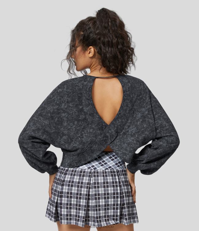 μακρυμάνικο εξώπλατο κομμένο σταυρωτό στρίφωμα πλυμένο casual βαμβακερό φούτερ γυναίκες Halara 4TH822018 είδη ένδυσης σκούρο καπνό γκρι