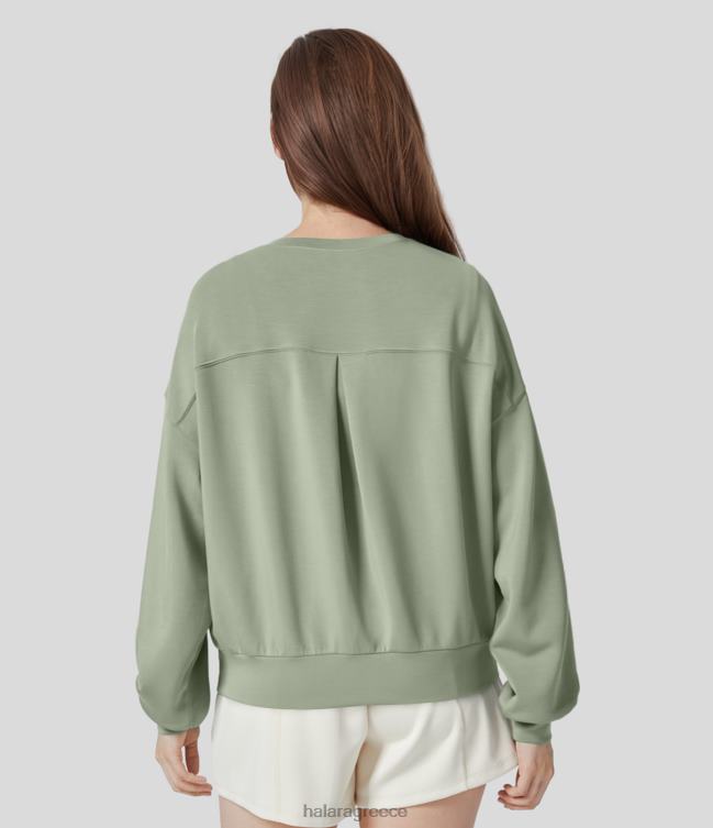 στρογγυλή λαιμόκοψη πέσει στον ώμο πλάτη πτυχωτό casual φούτερ γυναίκες Halara 4TH822025 είδη ένδυσης σπαράγγι