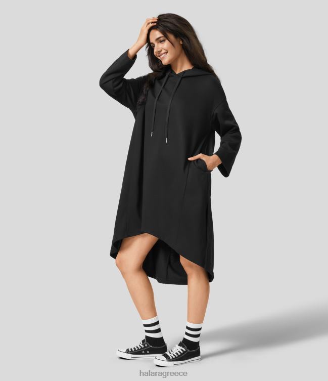 Βαμβακερό φούτερ με μακρύ μανίκι με κουκούλα με μακρυμάνικη τσέπη, σπαστό ψηλό χαμηλό, casual βαμβακερό φούτερ με παραγάδι γυναίκες Halara 4TH822028 είδη ένδυσης μαύρος