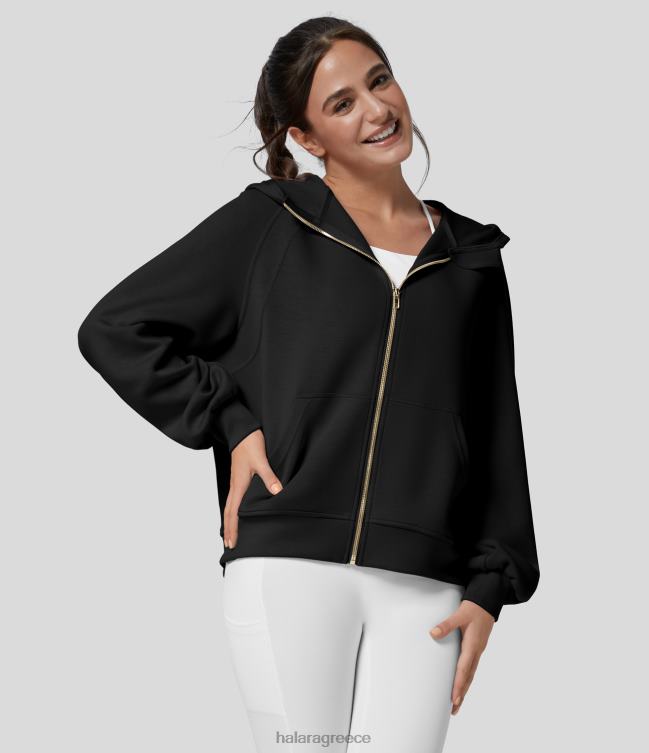 casual φούτερ με κουκούλα ρεγκλάν bishop με φερμουάρ καγκουρό γυναίκες Halara 4TH822004 είδη ένδυσης μαύρος