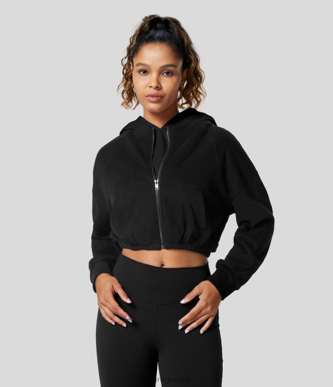 με κουκούλα με φερμουάρ στο πλάι της τσέπης, έγχρωμο μπλοκ cropped casual βαμβακερό φούτερ γυναίκες Halara 4TH821938 είδη ένδυσης μαύρος