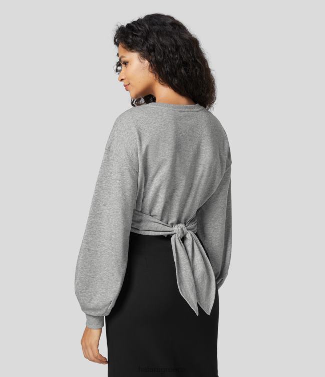 στρογγυλή λαιμόκοψη μανίκι επισκόπου crossover δέσιμο πίσω casual βαμβακερό φούτερ γυναίκες Halara 4TH822020 είδη ένδυσης γκρι ομίχλης