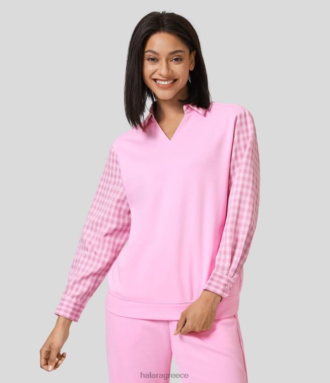γιακά v λαιμόκοψη μακρυμάνικη καρό lounge βαμβακερή φούτερ γυναίκες Halara 4TH821993 είδη ένδυσης ροζ απαλό πάγωμα