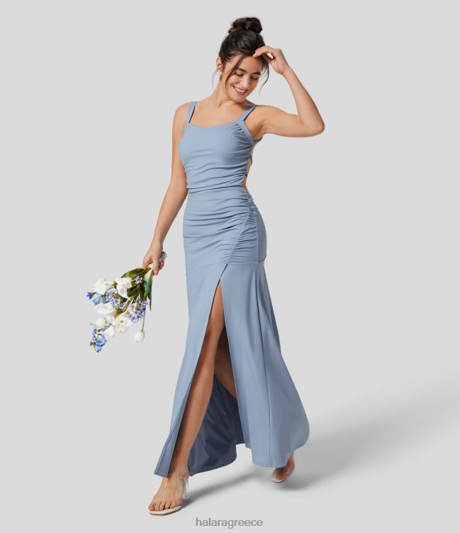 τετράγωνος λαιμός με εξώπλατο σταυρωτό κορδόνι με σπαστό μάξι παράνυμφο και φόρεμα για καλεσμένους γάμου γυναίκες Halara 4TH821179 είδη ένδυσης ανοιχτό γκρι μπλε