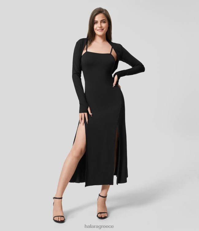 Midi casual φόρεμα 2 τεμαχίων με ρυθμιζόμενο λουράκι με τρύπα αντίχειρα γυναίκες Halara 4TH821215 είδη ένδυσης μαύρος