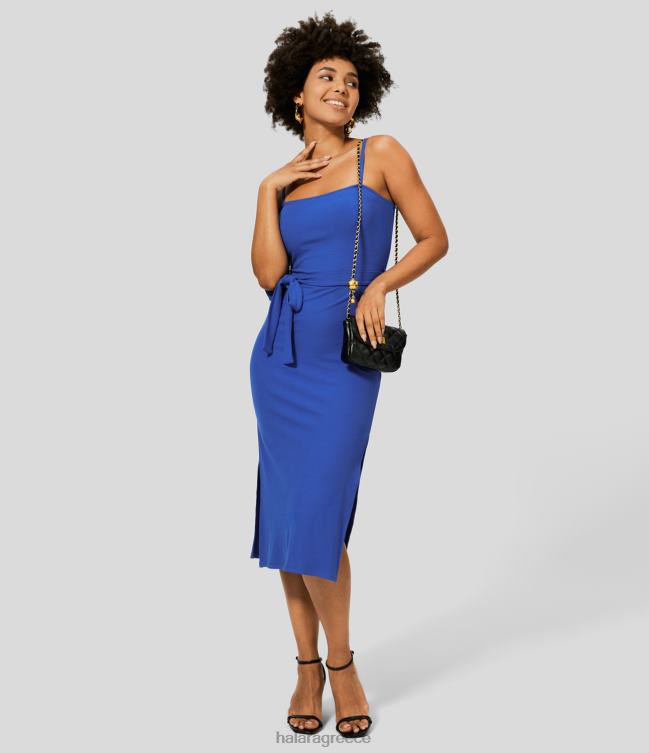 ριμπ πλεκτό ρυθμιζόμενο λουράκι με ζώνη χωρίς εξώπλατο σχισμένο στρίφωμα bodycon midi casual φόρεμα γυναίκες Halara 4TH821114 είδη ένδυσης μπλε χωρίς νύχτες