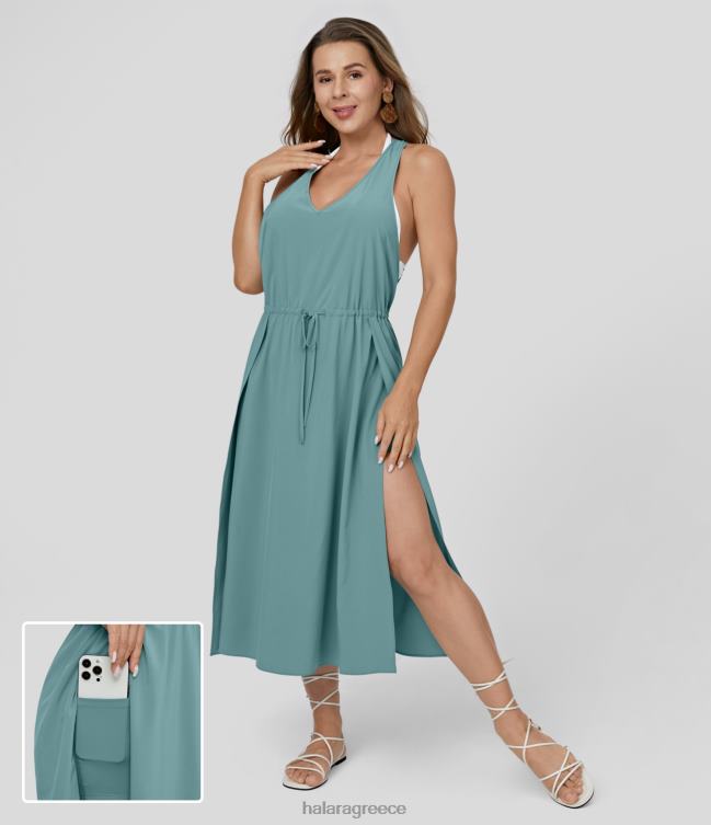 breezeful v λαιμόκοψη αμάνικο αμάνικο κορδόνι περίσφιξης σπαστό 2 τεμαχίων πλαϊνή τσέπη ρευστό και γρήγορο στέγνωμα casual midi φόρεμα γυναίκες Halara 4TH821217 είδη ένδυσης ορυκτό μπλε