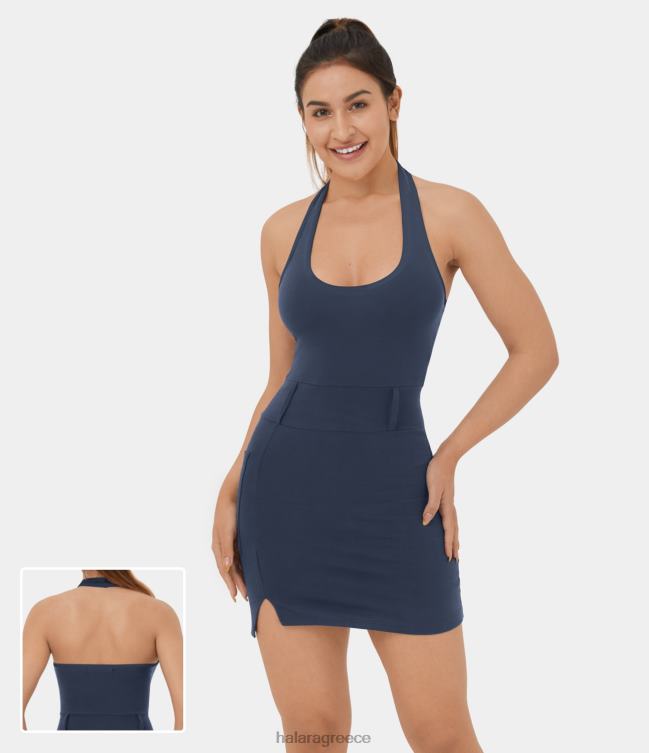 Μίνι casual φόρεμα με κορδόνι με σπαστό πλαϊνό τσεπάκι γυναίκες Halara 4TH821010 είδη ένδυσης βαθύ ναυτικό