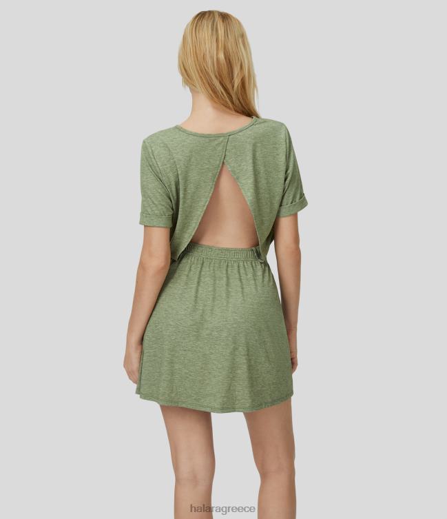 Μίνι casual φόρεμα με στρογγυλή λαιμόκοψη με κοντό μανίκι γυναίκες Halara 4TH821011 είδη ένδυσης ανοιχτό πράσινο floral νήμα
