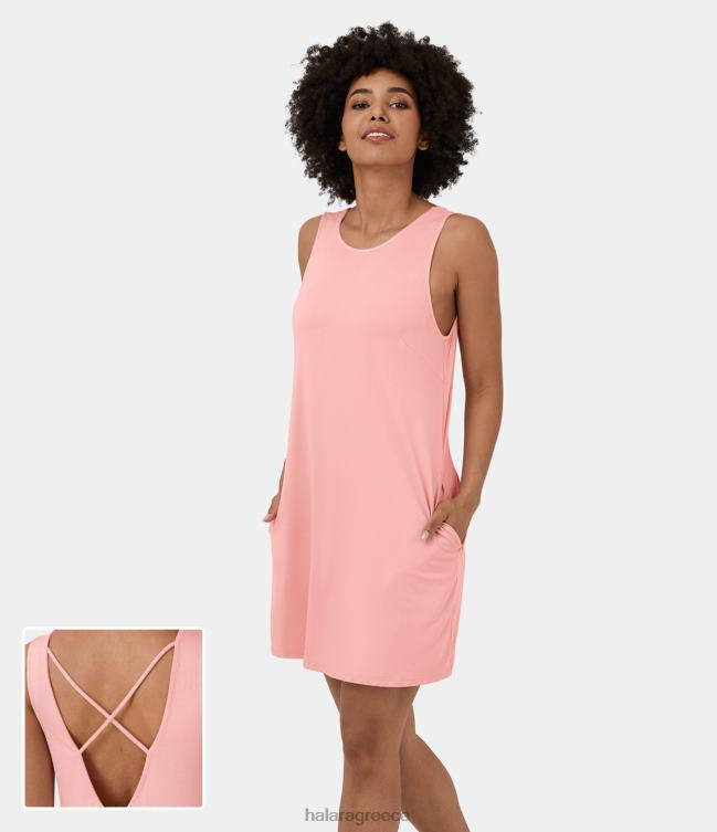 Μίνι casual φόρεμα με στρογγυλή λαιμόκοψη, αμάνικο χωρίς πλάτη σταυρωτή στο πλάι με τσέπη γυναίκες Halara 4TH821012 είδη ένδυσης χλωμή ροζέτα