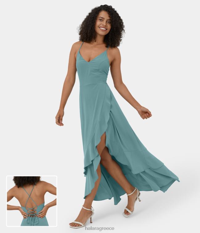 άνετο εξώπλατο σταυρωτό κορδόνι με φερμουάρ στο πλάι βολάν με σπαστό στρίφωμα μάξι γρήγορο στεγνό casual φόρεμα γυναίκες Halara 4TH821143 είδη ένδυσης ορυκτό μπλε