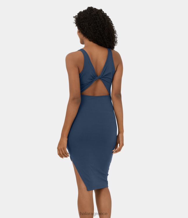 μίντι casual φόρεμα με εξώπλατο στριφτό κομμένο αμάνικο σπαστό στο πλάι bodycon γυναίκες Halara 4TH821105 είδη ένδυσης σκούρο τζιν