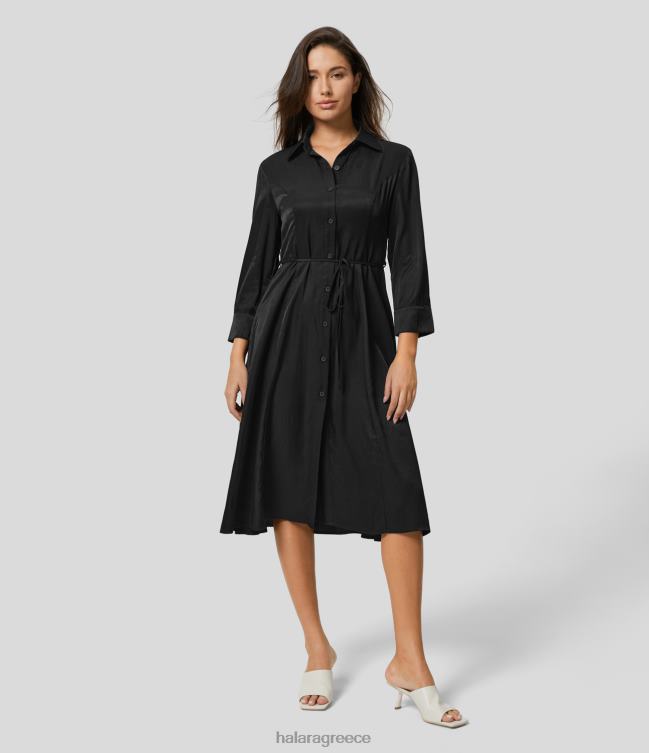 μίντι casual φόρεμα με γιακά με κουμπιά μπροστινό μακρυμάνικο flare γυναίκες Halara 4TH821233 είδη ένδυσης μαύρος