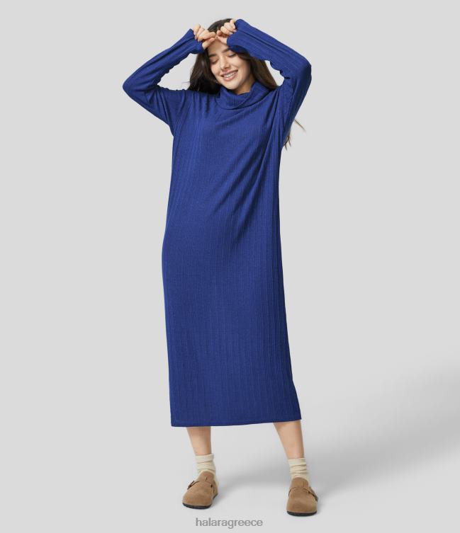 casual midi φόρεμα με ραβδώσεις με λαιμόκοψη με μακριά μανίκια γυναίκες Halara 4TH821214 είδη ένδυσης πρωτότυπο