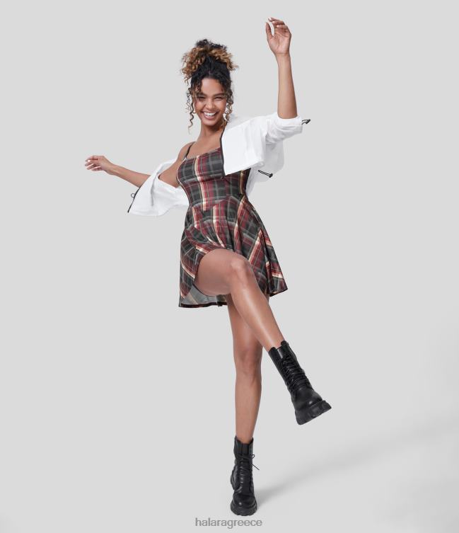 Μίνι casual slip φόρεμα με λαιμόκοψη 2 τεμαχίων στο πλάι καρό flare γυναίκες Halara 4TH821059 είδη ένδυσης ηφαιστειακό κόκκινο πλέγμα