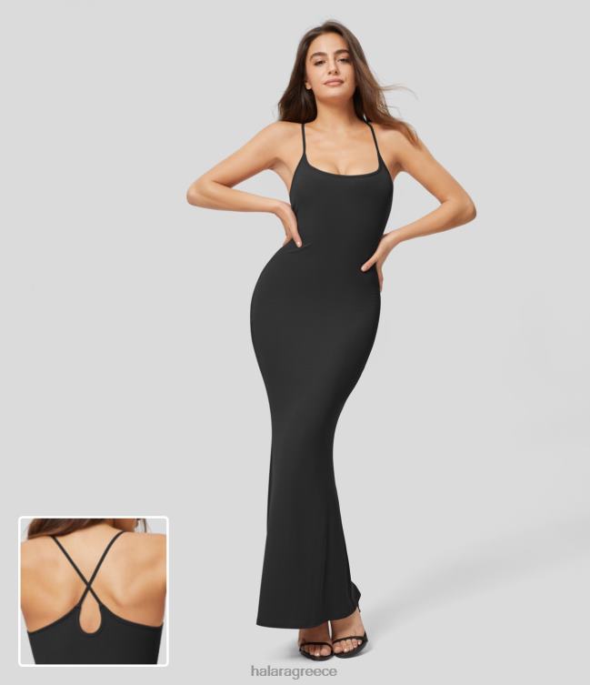 μάξι casual slip φόρεμα με ριμπ εξώπλατο σταυρωτό δάκρυ bodycon γυναίκες Halara 4TH821103 είδη ένδυσης μαύρος
