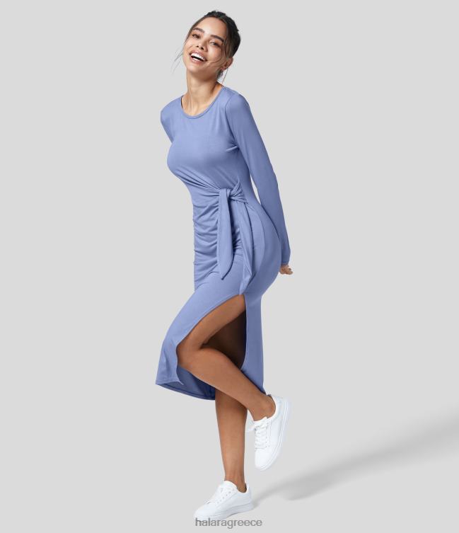 μίντι casual φόρεμα με στρογγυλή λαιμόκοψη με μακρυμάνικο κορδόνι μέχρι split bodycon γυναίκες Halara 4TH821121 είδη ένδυσης λευκασμένο τζιν