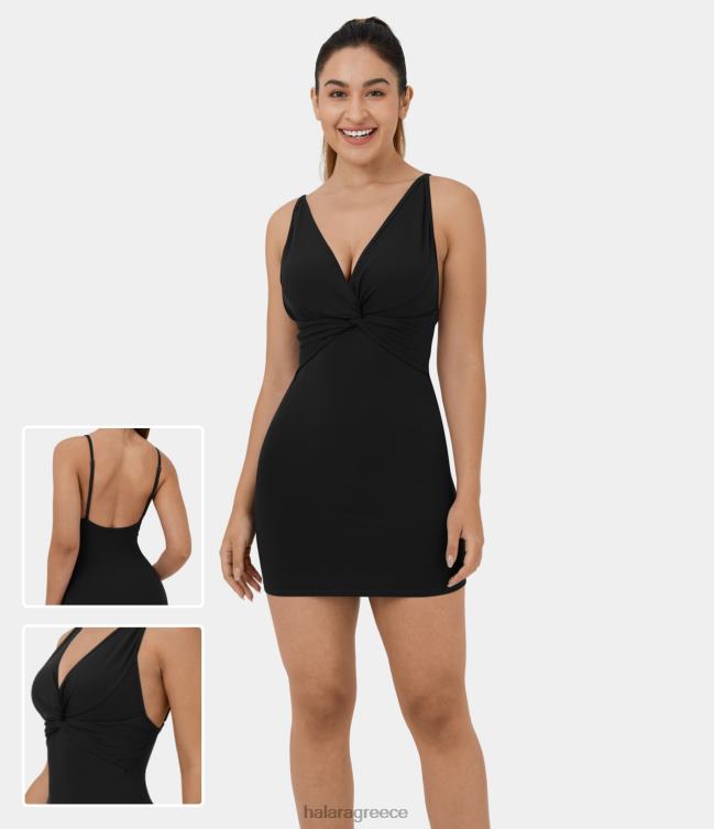 Μίνι casual φόρεμα με ριμπ πλεκτό αμάνικο εξώπλατο βαθύ v λαιμόκοψη γυναίκες Halara 4TH821037 είδη ένδυσης μαύρος