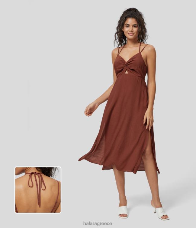 καπίστρι στριφτό κομμένο εξώπλατο σχισμένο στρίφωμα flowy midi casual φόρεμα γυναίκες Halara 4TH821171 είδη ένδυσης κονιάκ σαρωτή