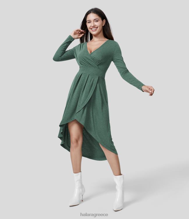 βαθύ λαιμόκοψη μακρύ μανίκι πλακέ ψηλό χαμηλό σταυρωτό στρίφωμα flowy midi casual φόρεμα γυναίκες Halara 4TH821211 είδη ένδυσης σκούρο πράσινο floral νήμα