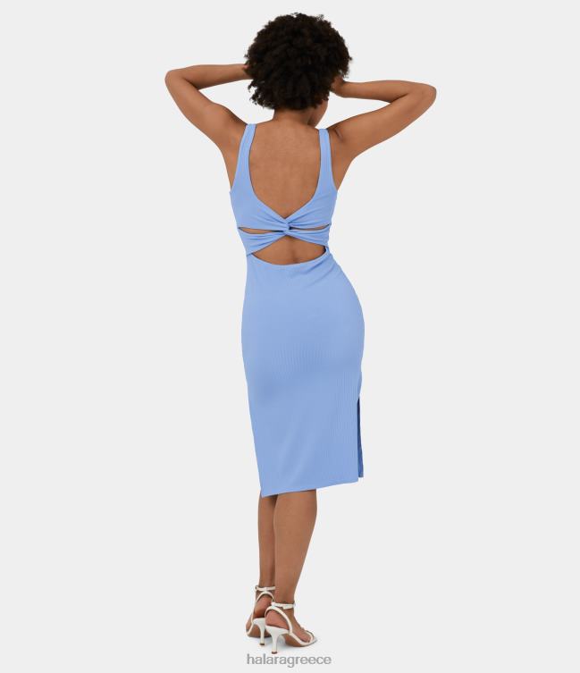 midi casual φόρεμα με ριμπ πλεκτό και λαιμόκοψη αμάνικο εξώπλατο στριφτό κομμένο σπαστό κορμάκι γυναίκες Halara 4TH821128 είδη ένδυσης όψη μπλε