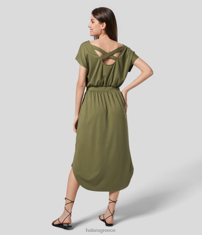 midi casual φόρεμα με λαιμόκαραβα με κοντό μανίκι σταυρωτό κυρτό στρίφωμα γυναίκες Halara 4TH821186 είδη ένδυσης καπουλέ ελιά