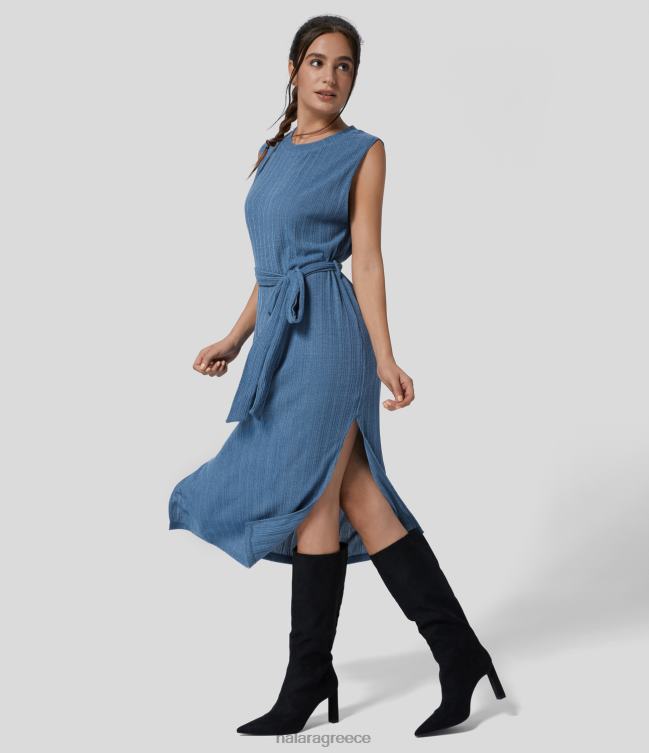 ριμπ, στρογγυλή λαιμόκοψη, αμάνικο φόρεμα με σχιστό στρίφωμα, μασίφ midi casual γυναίκες Halara 4TH821209 είδη ένδυσης έλατο μπλε