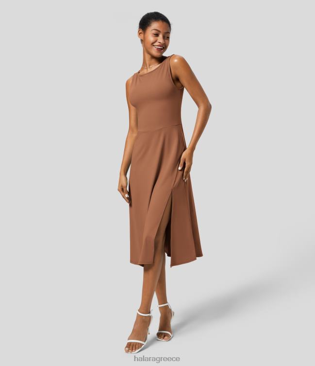 Μίντι resort φόρεμα με λαιμόκαραβα αμάνικο πλαϊνό τσεπάκι γυναίκες Halara 4TH821252 είδη ένδυσης σκουριά κόκκινο