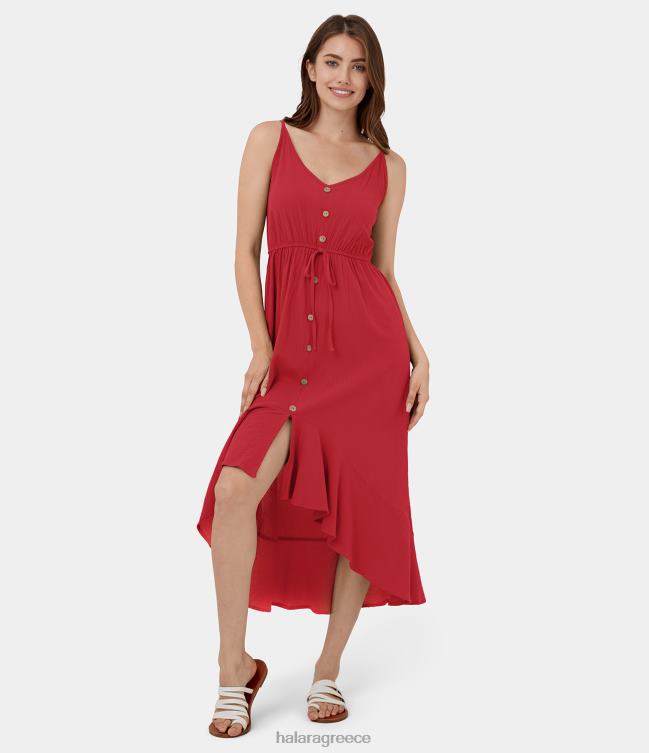 slip χωρίς πλάτη ρυθμιζόμενο λουράκι με κορδόνι περίσφιξης ασύμμετρο βολάν midi casual βαμβακερό φόρεμα γυναίκες Halara 4TH821173 είδη ένδυσης κόκκινη κορδέλα