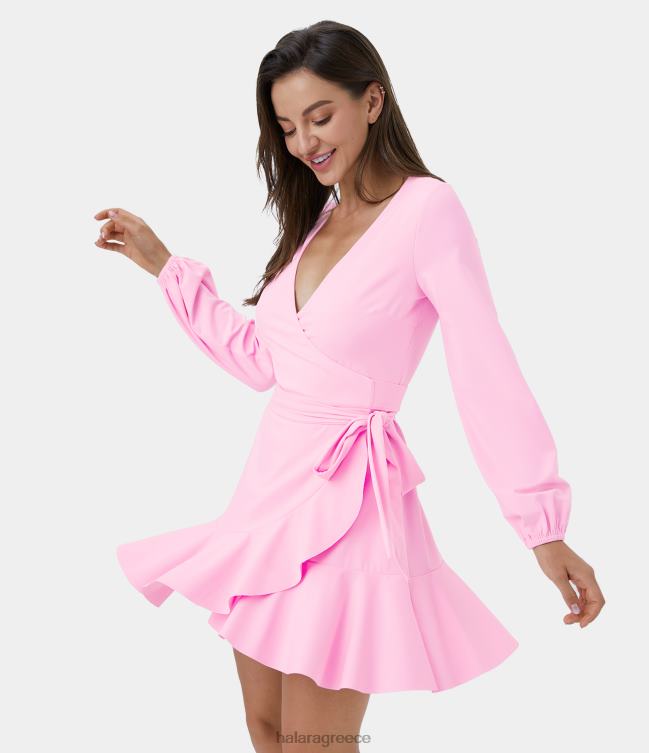 softlyzero αέρινο βαθύ v λαιμόκοψη γραβάτα βολάν στρίφωμα μίνι περιτύλιγμα δροσερό άγγιγμα casual φόρεμα γυναίκες Halara 4TH821064 είδη ένδυσης ανθοδέσμη