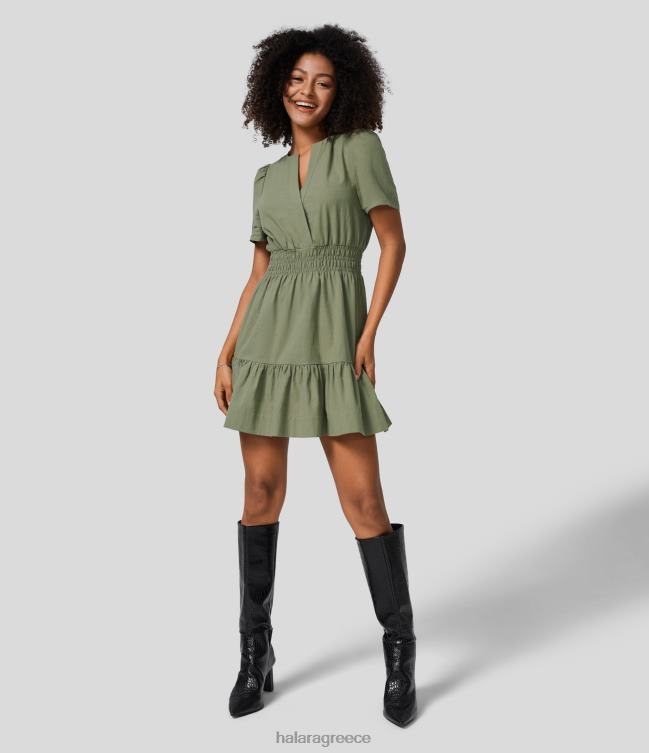 v λαιμόκοψη με αόρατο κουμπί, φουσκωτό μανίκι με βολάν, casual βαμβακερό φόρεμα γυναίκες Halara 4TH82984 είδη ένδυσης loden green