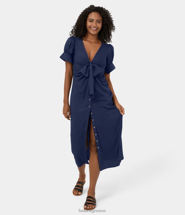 Βαθιά v λαιμόκοψη μανίκι με κουμπιά γραβάτα μπροστινό ruched midi casual φόρεμα γυναίκες Halara 4TH821200 είδη ένδυσης βαθύ ζαφείρι