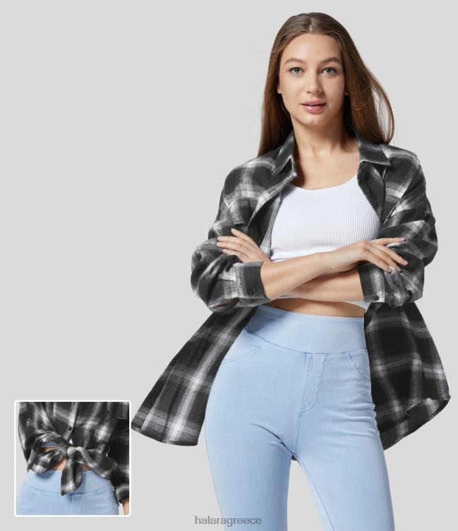 με γιακά πουκάμισο με κουμπιά τσέπης με κυρτό στρίφωμα, καρό casual γυναίκες Halara 4TH821645 είδη ένδυσης μαύρο γκρι καρό