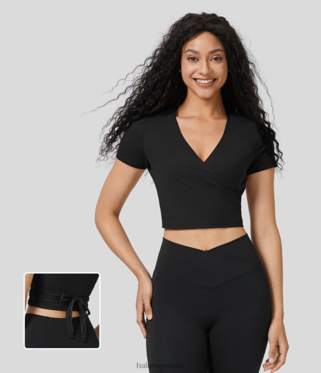 v λαιμόκοψη κοντό μανίκι τυλιγμένη γραβάτα πίσω cropped casual μπλούζα γυναίκες Halara 4TH821632 είδη ένδυσης μαύρος