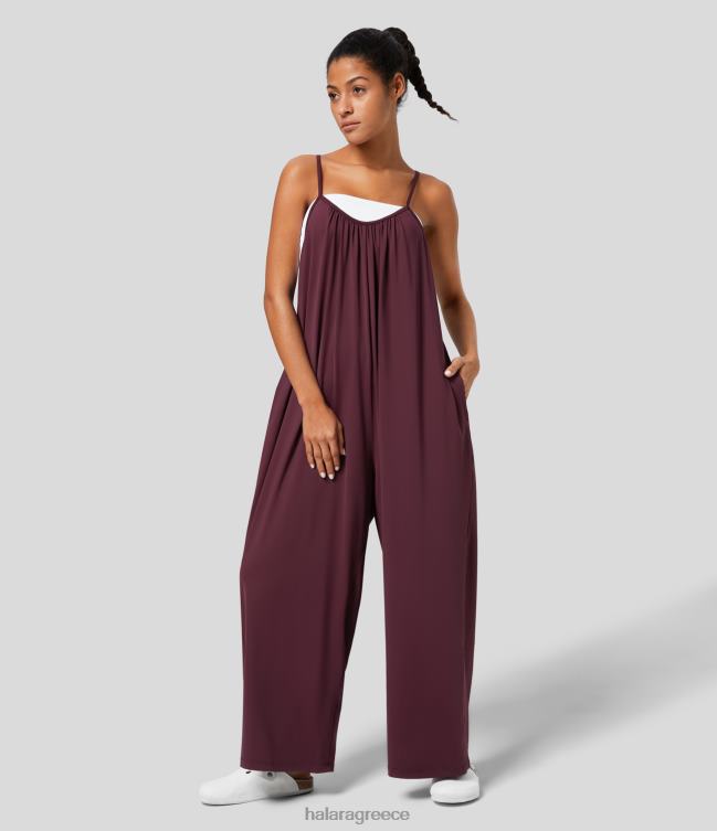 μακαρόνια ρυθμιζόμενο λουράκι πλαϊνή τσέπη μασίφ φαρδύ πόδι casual φαρδιά ολόσωμη φόρμα γυναίκες Halara 4TH822089 είδη ένδυσης σκούρο κατακόκκινο