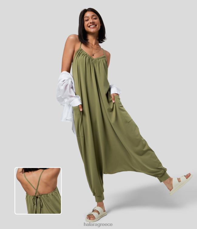 casual ολόσωμη φόρμα με σταυρωτό κορδόνι με πλαϊνή τσέπη χαρέμι γυναίκες Halara 4TH822111 είδη ένδυσης καπουλέ ελιά