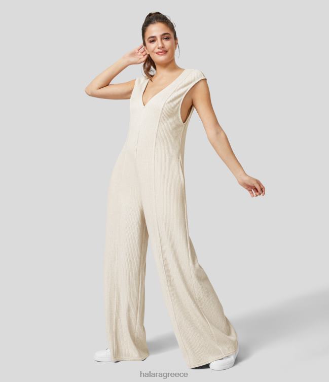 casual ολόσωμη φόρμα με ραβδώσεις v λαιμόκοψη πλαϊνή τσέπη με φαρδύ πόδι γυναίκες Halara 4TH822103 είδη ένδυσης ψιθύρισε λευκό